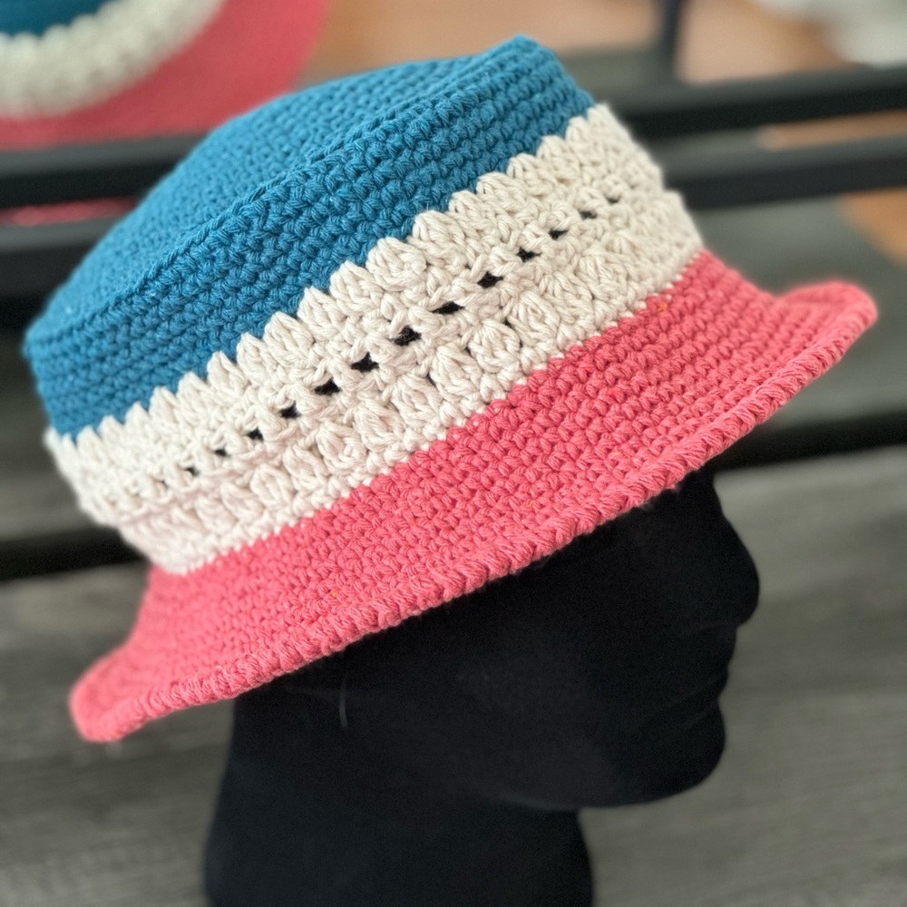 Handmade crochet bucket hat trans flag pride colors Brand New